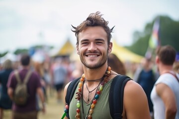 Portrait of a smiling young man at a music festival with friends