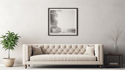 Beige tufted velvet sofa and mock up frame on the wall Interior design of modern living room