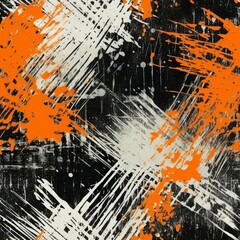 Abstract urban art with high-contrast orange splashes on a black and white background.