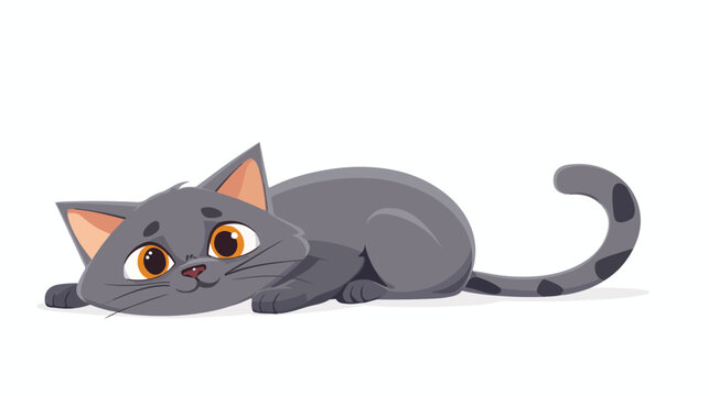 Lying gray cat. Long body. Cute kawaii cartoon ba