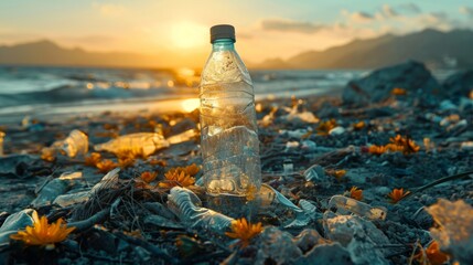 Spilled garbage on the beach of the big city. Empty used dirty plastic bottles. Dirty sea sandy shore the Black Sea. Environmental pollution. Ecological problem. Bokeh moving waves in background, ai