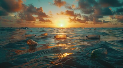 Plastic Bottles Floating on Ocean Surface at Sunset. Plastic waste adrift in the ocean, captured against the backdrop of a captivating sunset, a stark symbol of pollution. AI - obrazy, fototapety, plakaty