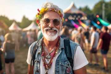 Portrait of an old hippie man on the background of a music festival