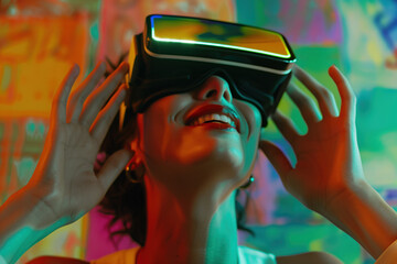 A woman has a VR headset on an and is smiling while having an immersive VR experience. Background image. Created with Generative AI technology.