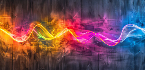 Neon light waves flowing over a wooden texture.
