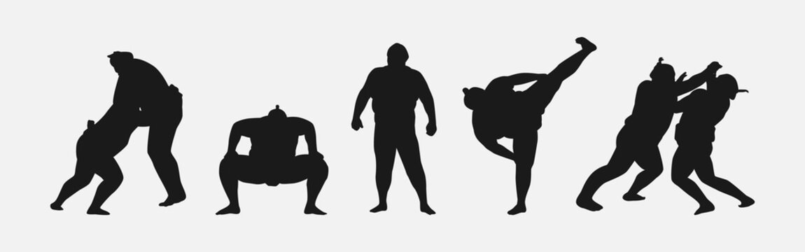 collection of silhouettes sumo wrestling with different pose, gesture. isolated on white background. vector illustration.