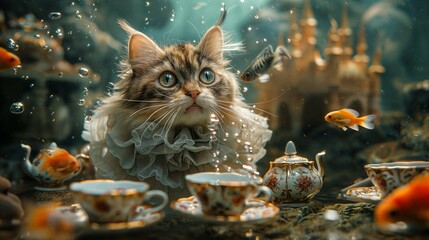 Victorian Cat Hosting an Underwater Tea Party