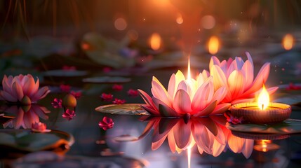 Diwali is an Indian holiday, the festival of fire. Lotus flowers and diyas oil lamps. 