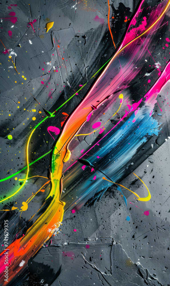 Poster Vibrant neon paint splashes across a grey backdrop.