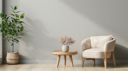 Modern cozy armchair interior design home living room or color wall furniture decor. Stylish trendy minimal chair and table with house decoration luxury contemporary background. Furniture store ads .