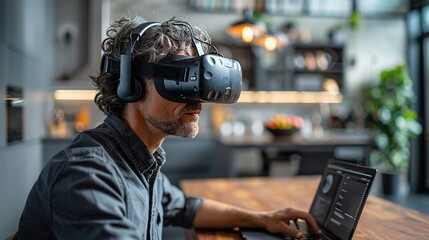A man using a VR headset and a laptop, futuristic resonance, art, virtual reality