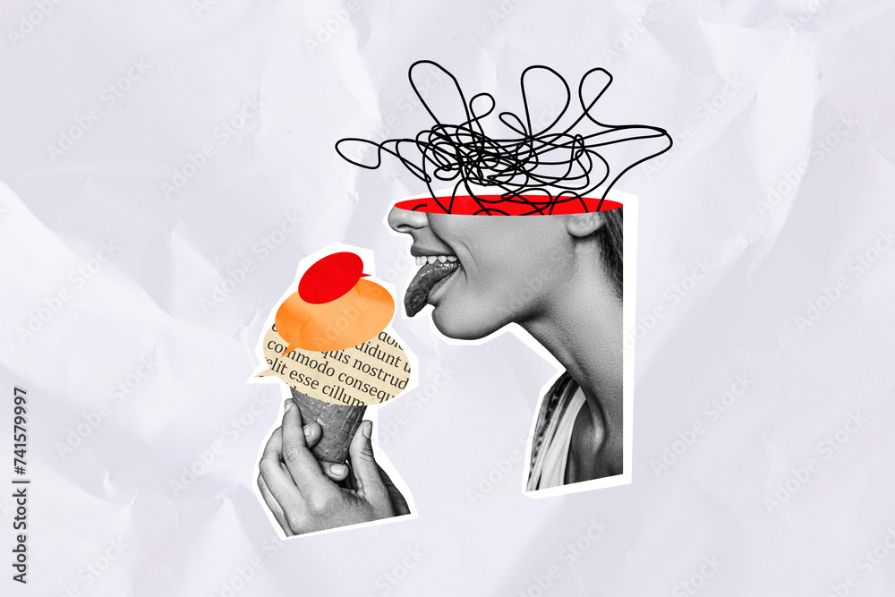 Sticker Collage of cropped messy painted black white colors girl head tongue lick dialogue bubble text ice cream isolated on paper background