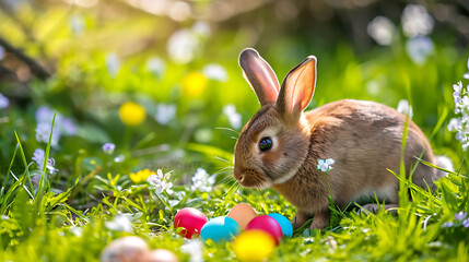 Adorable Bunny With Easter Eggs In Flowery Meadow