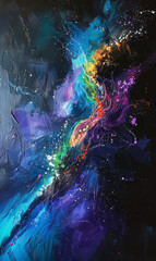 Vibrant neon bursts of paint flowing dynamically across a dark vertical backdrop.