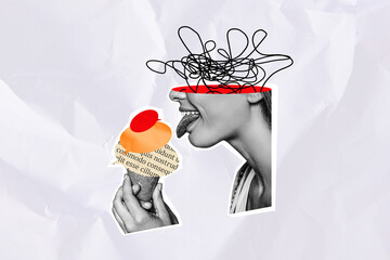 Collage of cropped messy painted black white colors girl head tongue lick dialogue bubble text ice...