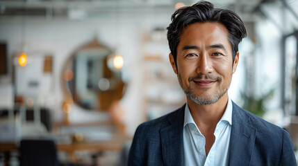 A asian confident and handsome businessman standing captured in a portrait.