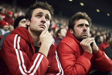 Disappointed football fans react to their team's loss in the stands. Faces show sadness and dismay after the defeat - obrazy, fototapety, plakaty