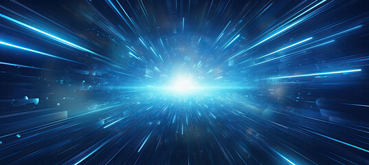 Fototapeta premium Hyperspace tunnel, radiating energy and light. Bright stars illuminate the blue explosion. Futuristic concept