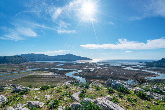 Scenic views from Kaunos and Dalyan, a city of ancient Caria, west of the modern town of Dalyan and The Calbys river ( Dalyan river) which was the border between Caria and Lycia in Muğla, Turkey