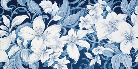 AI Generated. AI Generative. Drawing painting ink blue watercolor hawaiian plant flower patter texture decoration. Graphic Art Illustration
