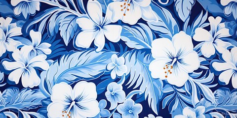 AI Generated. AI Generative. Drawing painting ink blue watercolor hawaiian plant flower patter texture decoration. Graphic Art Illustration
