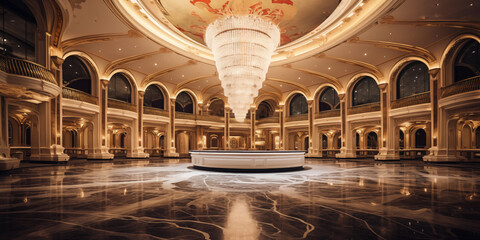 Obraz premium Empty luxury hotel lobby, with sleek modern design and chic decor, awesome picture of internal hall design decorated with ceiling lights