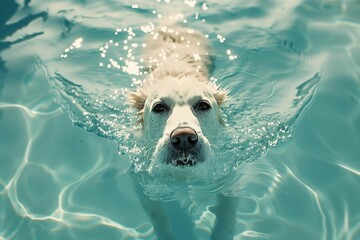 Golden Retriever Enjoying Swim in Sunlit Pool - obrazy, fototapety, plakaty