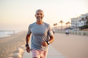 Portrait of happy senior man jogging on the beach at sunrise