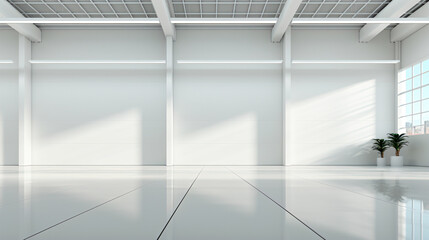 empty panoramic white interior of a modern building with daylight 