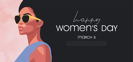 International Women's Day , March 8th.Banner with beautiful girl in sunglasses and watercolor background. Vector illustration.