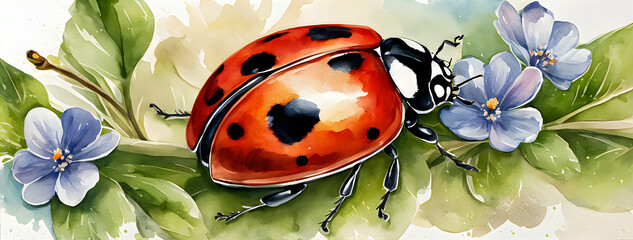 A blue flower and a ladybug. Ladybug illustration in watercolor style.