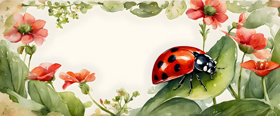 Red flowers, ladybugs and green leaves. Illustration of a ladybug sitting alone on a leaf.