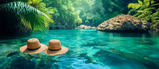 deux chapeaux de paille flottent sur de l'eau turquoise dans la nature - obrazy, fototapety, plakaty