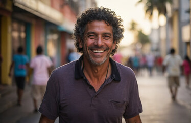 A smiling mature Brazilian man on the city street. AI generated