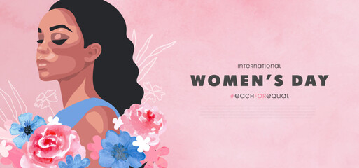 International Women's Day , March 8th.Banner with beautiful girl and watercolor flowers. Vector illustration