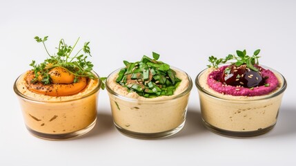 Trio of Gourmet Hummus Varieties Garnished and Served in Glass Jars