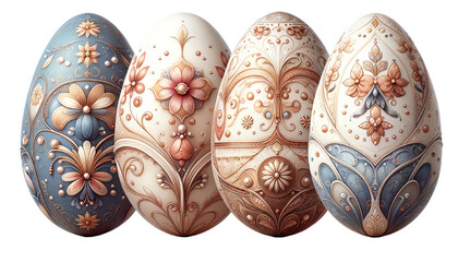 Assorted hand-painted Easter eggs with pastel floral and leaf designs on a transparent background. Springtime holidays concept. Design for invitation, greeting card, and poster. - obrazy, fototapety, plakaty