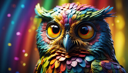 Obraz premium Rainbow colored cartoon owl on blurred background. AI generated