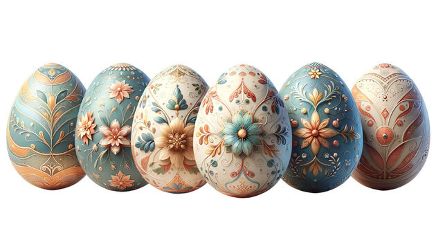Decorative painted Easter eggs with floral patterns isolated on black background. Easter celebration concept. Design for greeting card, invitation, poster. Isolated composition with place for text.