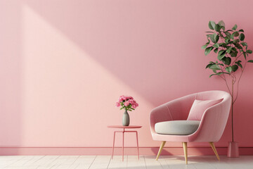 Modern cozy armchair interior design home living room or color wall furniture decor. Stylish trendy minimal chair and table with house decoration luxury contemporary background. Furniture store ads .