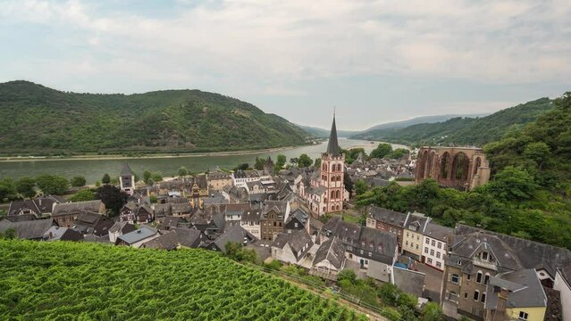 Bacharach Germany time lapse, city skyline and Rhine River view from grape vineyard