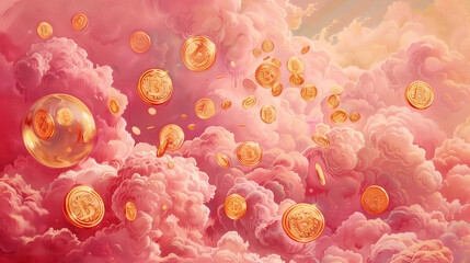 Gold coins are flying in the cloudy pink sky. Background is rich.