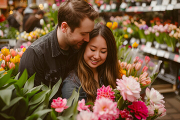 A loving couple embraces surrounded by vibrant flowers at a bustling market.