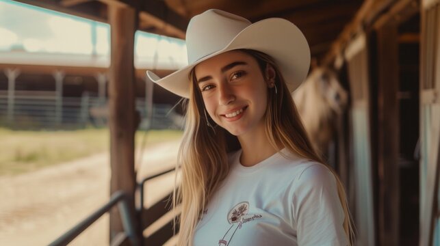 image of cowgirl shot in studio wearing jeans, white t-shirt and cowboy hat.