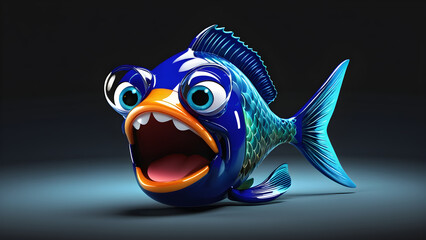 glassy a cartoon fish funny face on black background