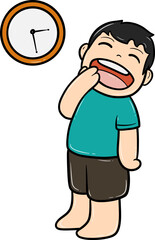 Cartoon of a yawning boy with a clock on the wall