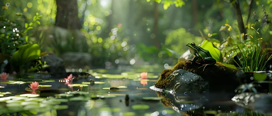 Foto op Canvas Frog enjoying the serene pond amidst lush greenery and vibrant wildlife © javu