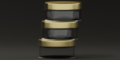 Transparent Glass Cosmetic Jar Mockup with golden metal lid - three Jars