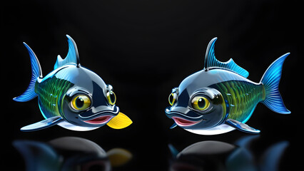 glassy a cartoon character pair catfish fish on black background - obrazy, fototapety, plakaty