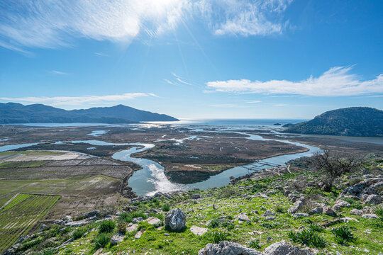 Scenic views from Kaunos and Dalyan, a city of ancient Caria, west of the modern town of Dalyan and The Calbys river ( Dalyan river) which was the border between Caria and Lycia in Muğla, Turkey